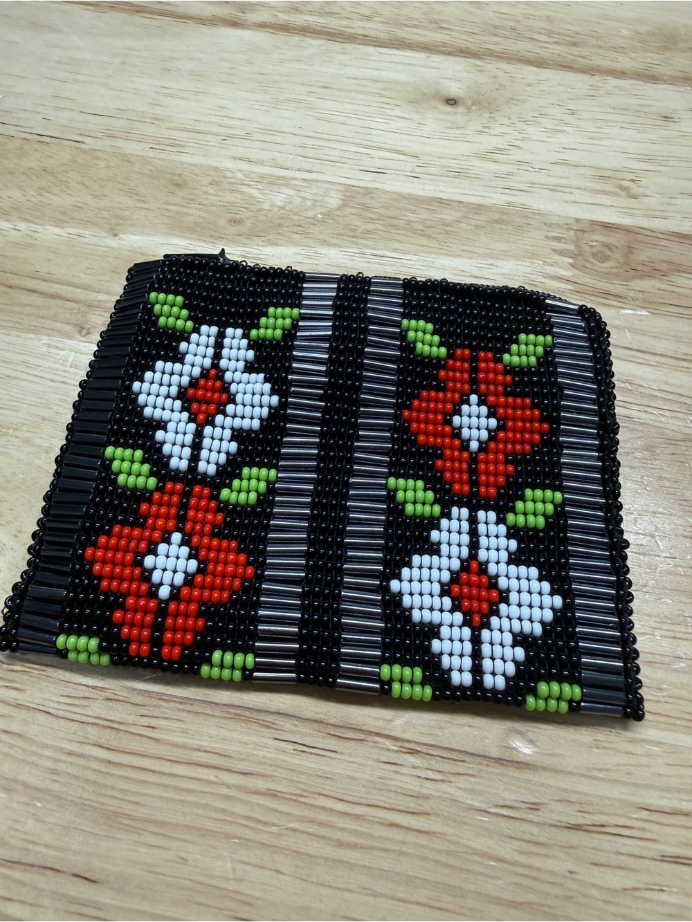 Hand Beaded Mexican Coin Purse 4x3” Black Red White Floral Handmade